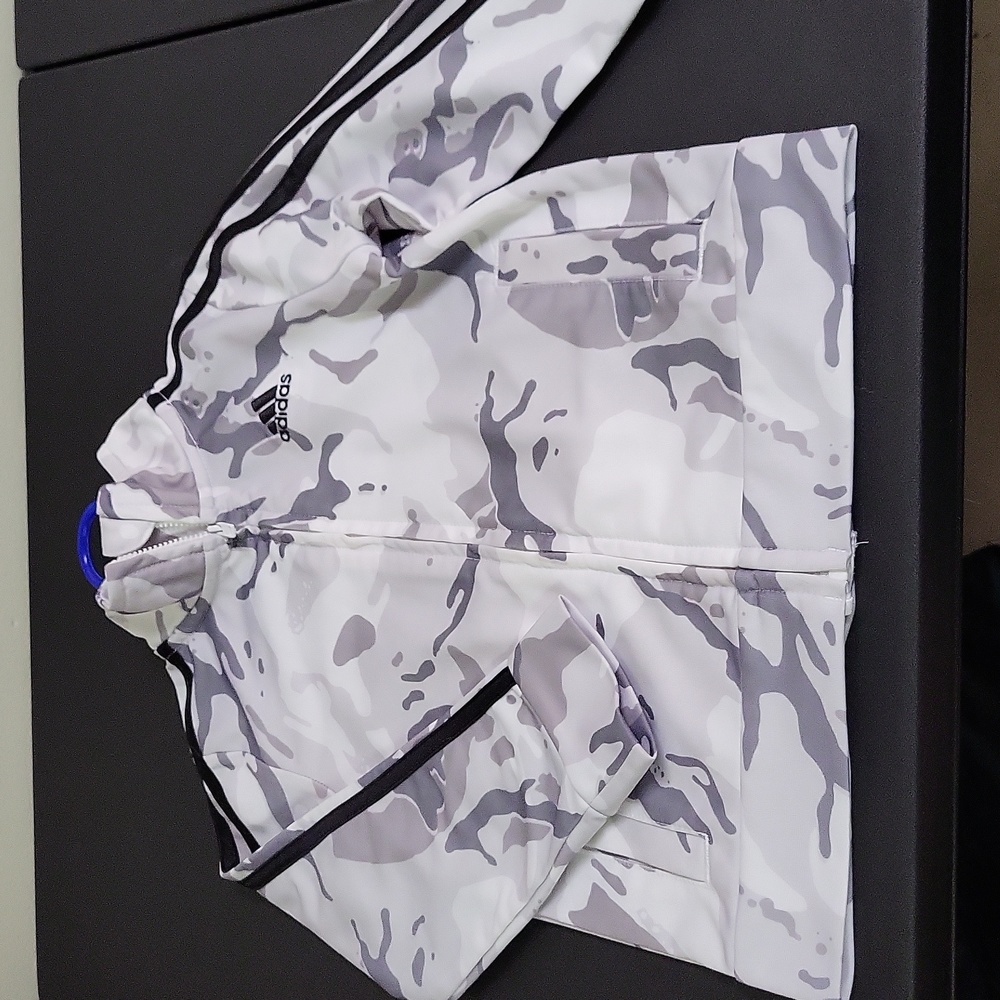 Adidas White and Gray Camouflage Track Jacket with 3 Black Stripes Down the Arms